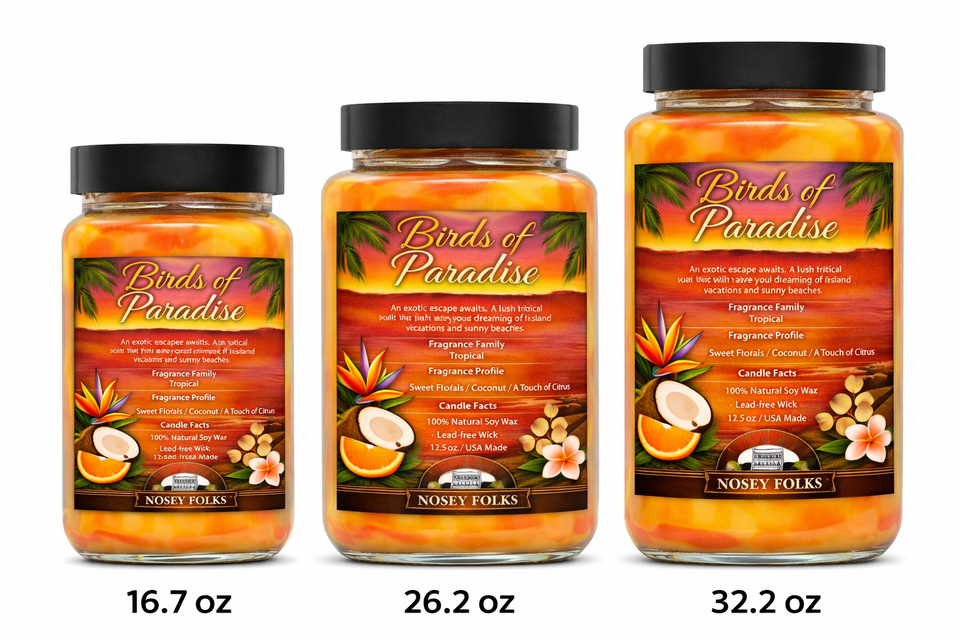 BIRDS OF PARADISE (TYPE) HAND POURED LUXURY JAR CANDLES (3 SIZES AVAIL.) 16.7oz - 26.2oz - 32.2oZ