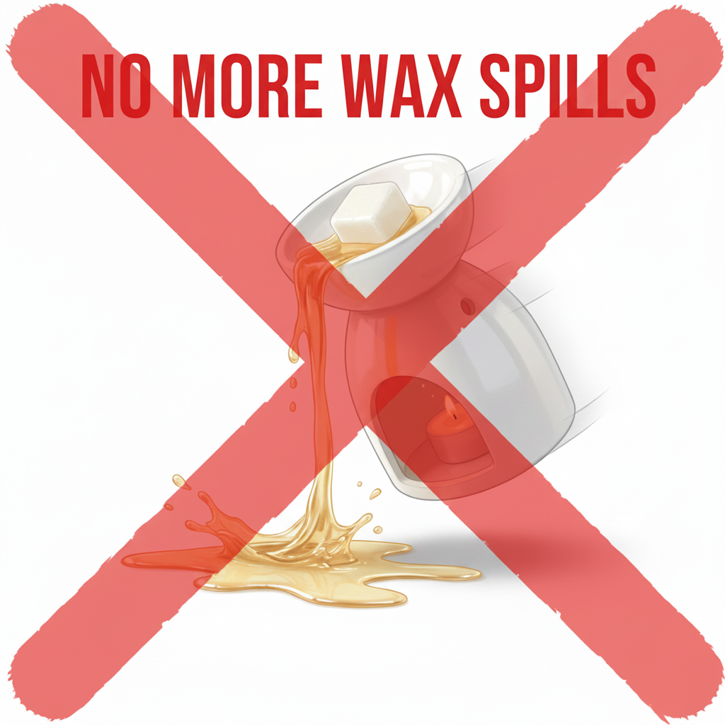 Oil warmer spill warning with red X and text